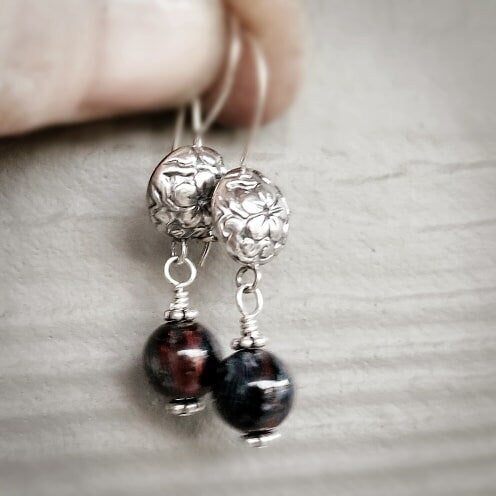 Artisan Sterling Silver & Pietersite Earrings with Sterling Earwires, Petersite Earrings, Beautiful Navy and Burgundy Stone with Bali Silver