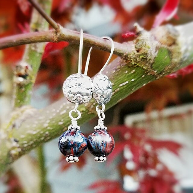 Artisan Sterling Silver & Pietersite Earrings with Sterling Earwires, Petersite Earrings, Beautiful Navy and Burgundy Stone with Bali Silver