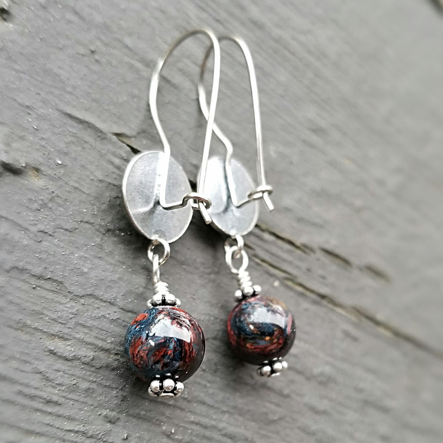 Artisan Sterling Silver & Pietersite Earrings with Sterling Earwires, Petersite Earrings, Beautiful Navy and Burgundy Stone with Bali Silver