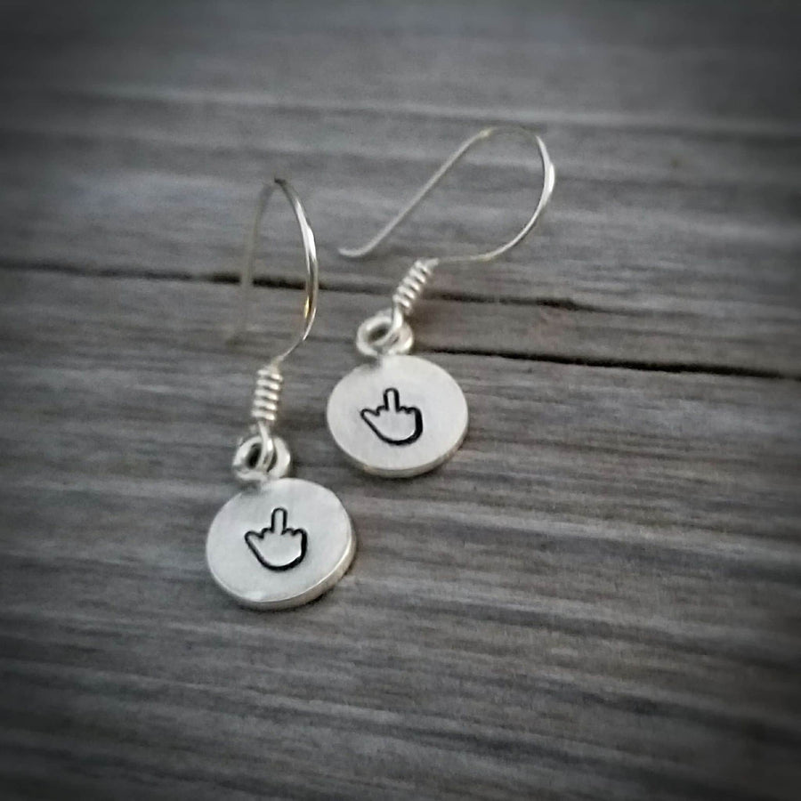 Artisan Sterling Silver Little Stamped Middle Finger Earrings, F*ck Off Earrings, Finger, The Bird, Flip Off Earrings, Minimalist, Round