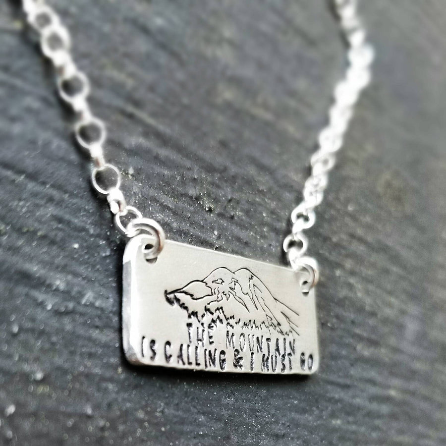 Artisan Stamped Mt Rainier Mountain Washington Scene Pendant Necklace, Inspirational, Camping Hiking, Sterling Silver,  Mount Ranier Seattle