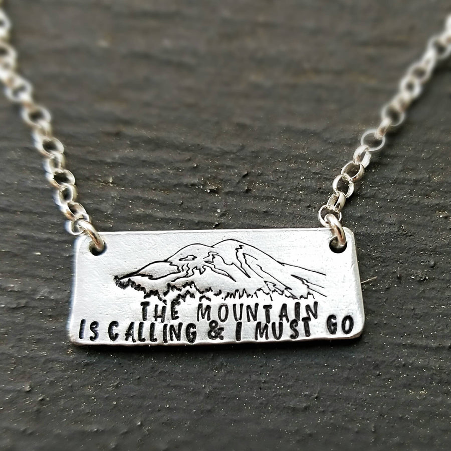 Artisan Stamped Mt Rainier Mountain Washington Scene Pendant Necklace, Inspirational, Camping Hiking, Sterling Silver,  Mount Ranier Seattle