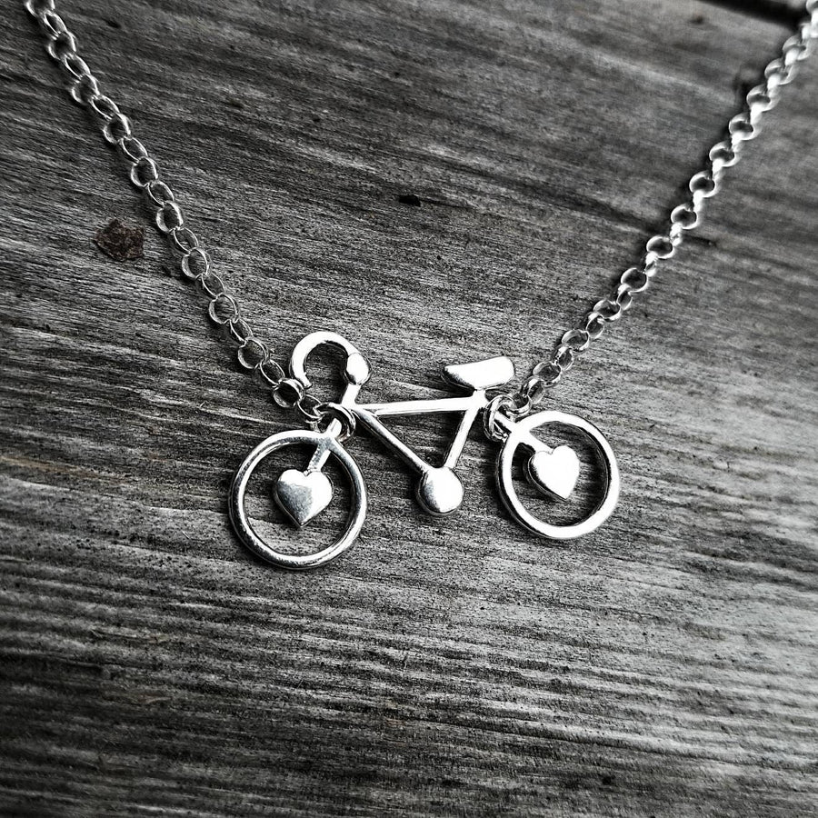 Artisan Sterling Silver Little Bicycle Necklace,  Love Biking,  minimalist,  cycling,  solid sterling silver handmade pendant with hearts