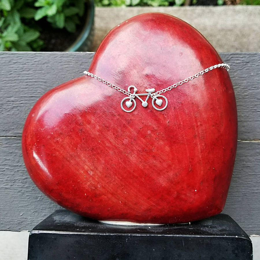 Artisan Sterling Silver Little Bicycle Necklace,  Love Biking,  minimalist,  cycling,  solid sterling silver handmade pendant with hearts