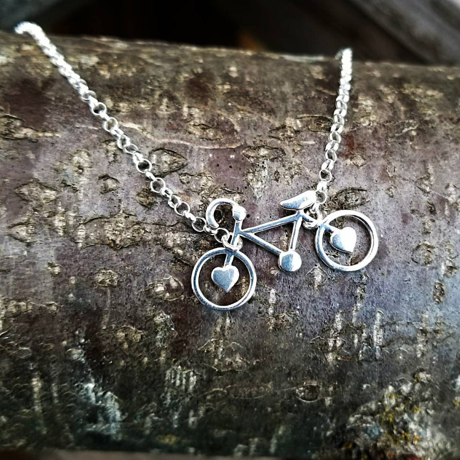 Artisan Sterling Silver Little Bicycle Necklace,  Love Biking,  minimalist,  cycling,  solid sterling silver handmade pendant with hearts