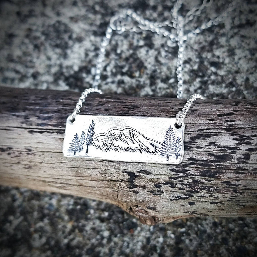 Artisan Stamped Mt Rainier Mountain Washington Scene Pendant Necklace, Inspirational, Camping Hiking, Sterling Silver,  Mount Simple Minimal