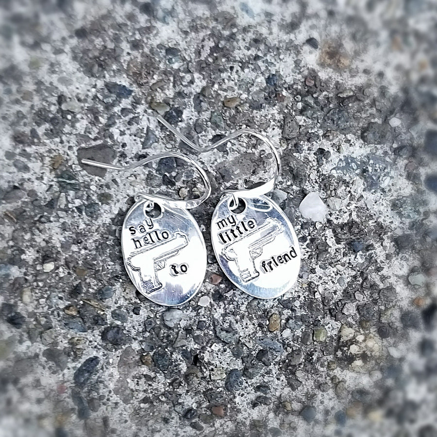 Artisan Sterling Silver Say Hello To My LIttle Friend Pistol Gun Earrings, Oval, Firearms, Bullets, Semi Automatic, Target Munitions