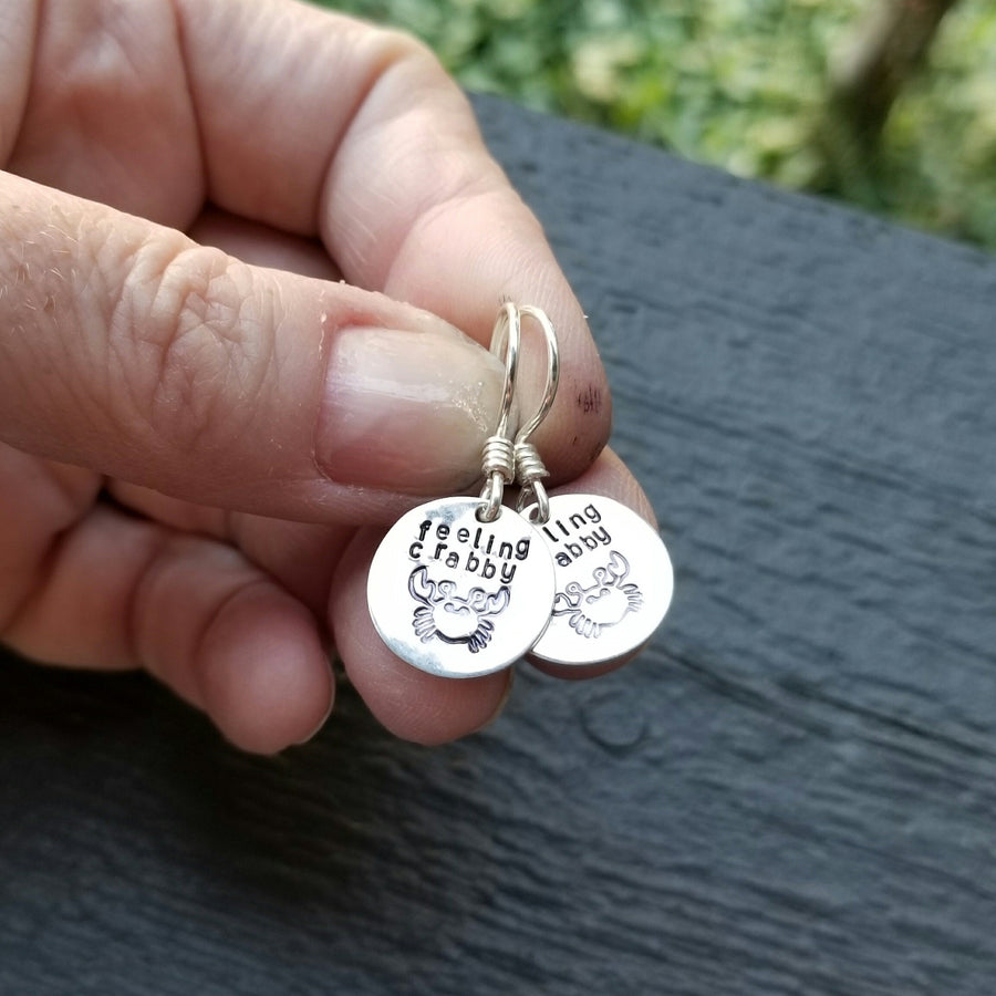 Artisan Sterling Silver Little Crab Earrings, Stamped Earrings, Round, Minimalist, Ear Wire, Feeling Crabby, Unique Gift, Cancer Zodiac Sign