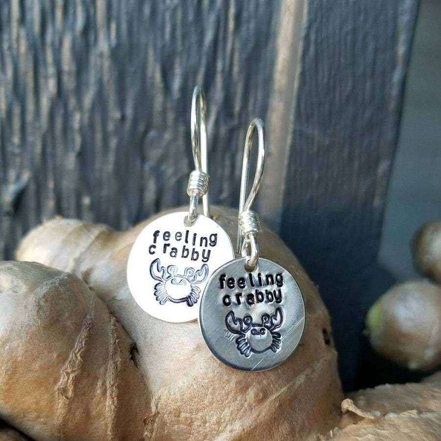 Artisan Sterling Silver Little Crab Earrings, Stamped Earrings, Round, Minimalist, Ear Wire, Feeling Crabby, Unique Gift, Cancer Zodiac Sign