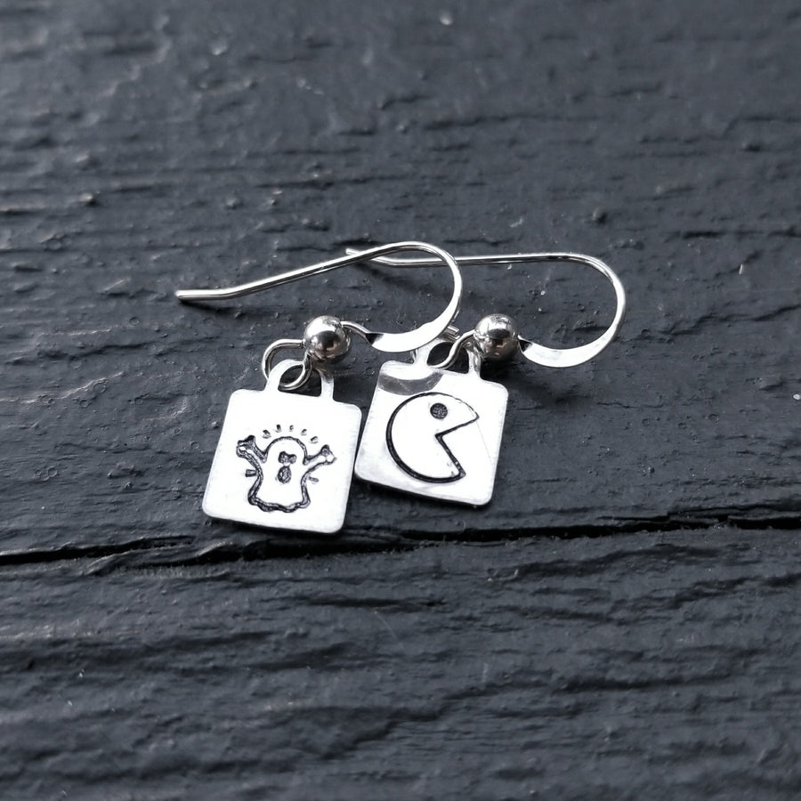 Artisan Sterling Silver Pac Man Ghost Earrings, Stamped, Square, Lightweight, Atari Old School Unique Gamer Gift Fortnite Arcade Pop Culture