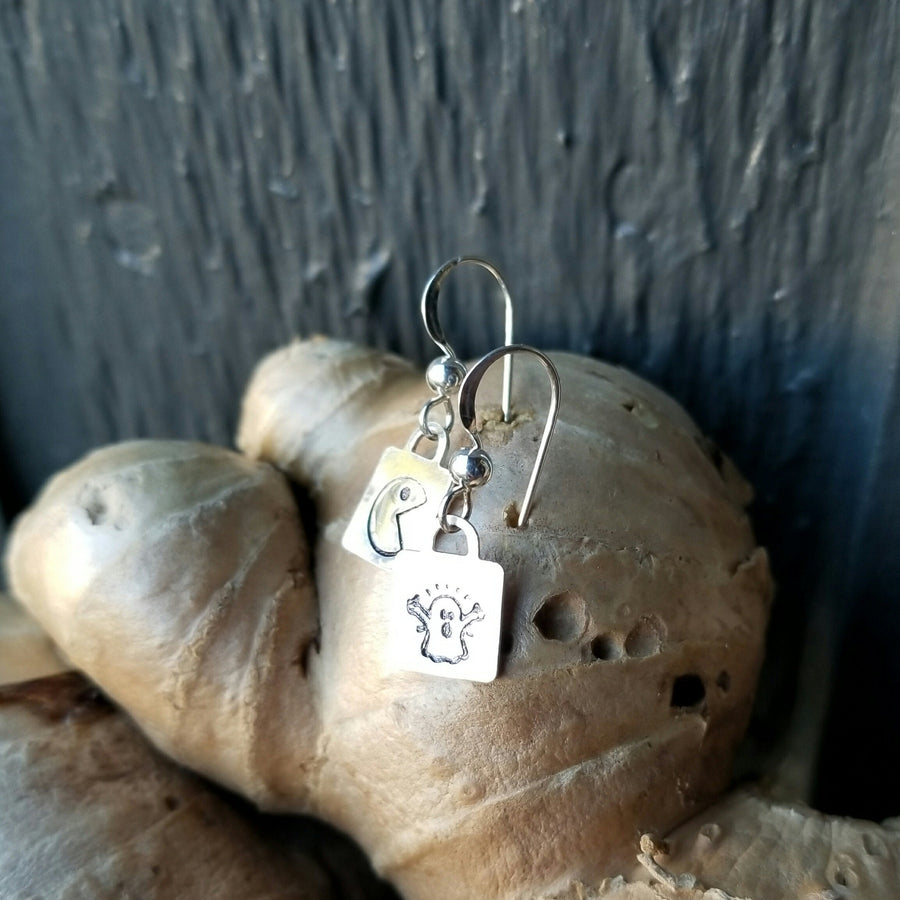 Artisan Sterling Silver Pac Man Ghost Earrings, Stamped, Square, Lightweight, Atari Old School Unique Gamer Gift Fortnite Arcade Pop Culture