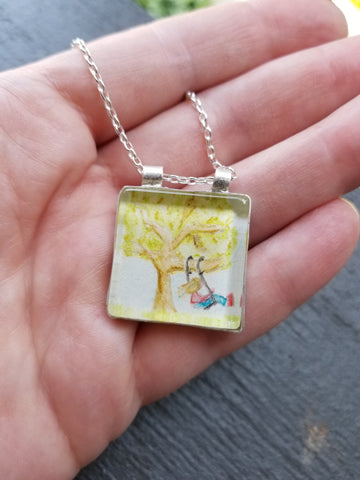 Artisan Original Tiny Painting Encased in Sterling Silver and Glass, Don't Forget to Play, Hand Stamped and Hand Forged, Necklace Pendant