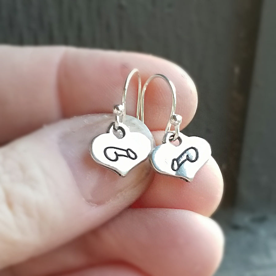 Artisan Sterling Silver Little Stamped Penis Earrings, F*ck Off Earrings, Heart Shaped Minimalist, Adult, Weiner, Cock, Balls, Humor, Funny