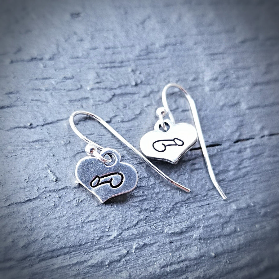 Artisan Sterling Silver Little Stamped Penis Earrings, F*ck Off Earrings, Heart Shaped Minimalist, Adult, Weiner, Cock, Balls, Humor, Funny