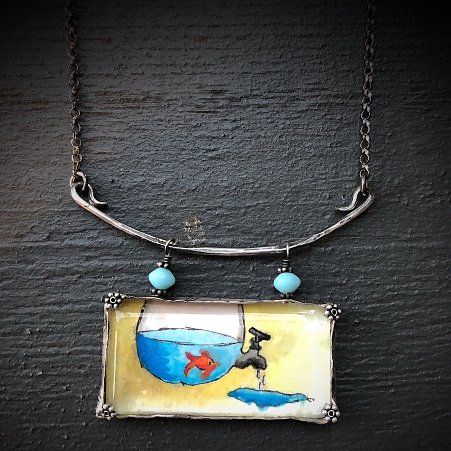 Artisan Original Tiny Painting Encased in Sterling Silver and Glass, Fish Bowl Water Chunky Statement Necklace Hand Stamped & Forged Pendant