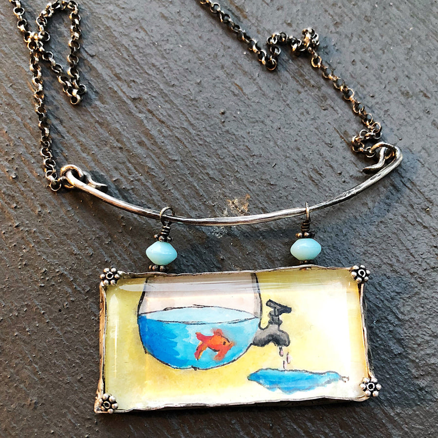 Artisan Original Tiny Painting Encased in Sterling Silver and Glass, Fish Bowl Water Chunky Statement Necklace Hand Stamped & Forged Pendant