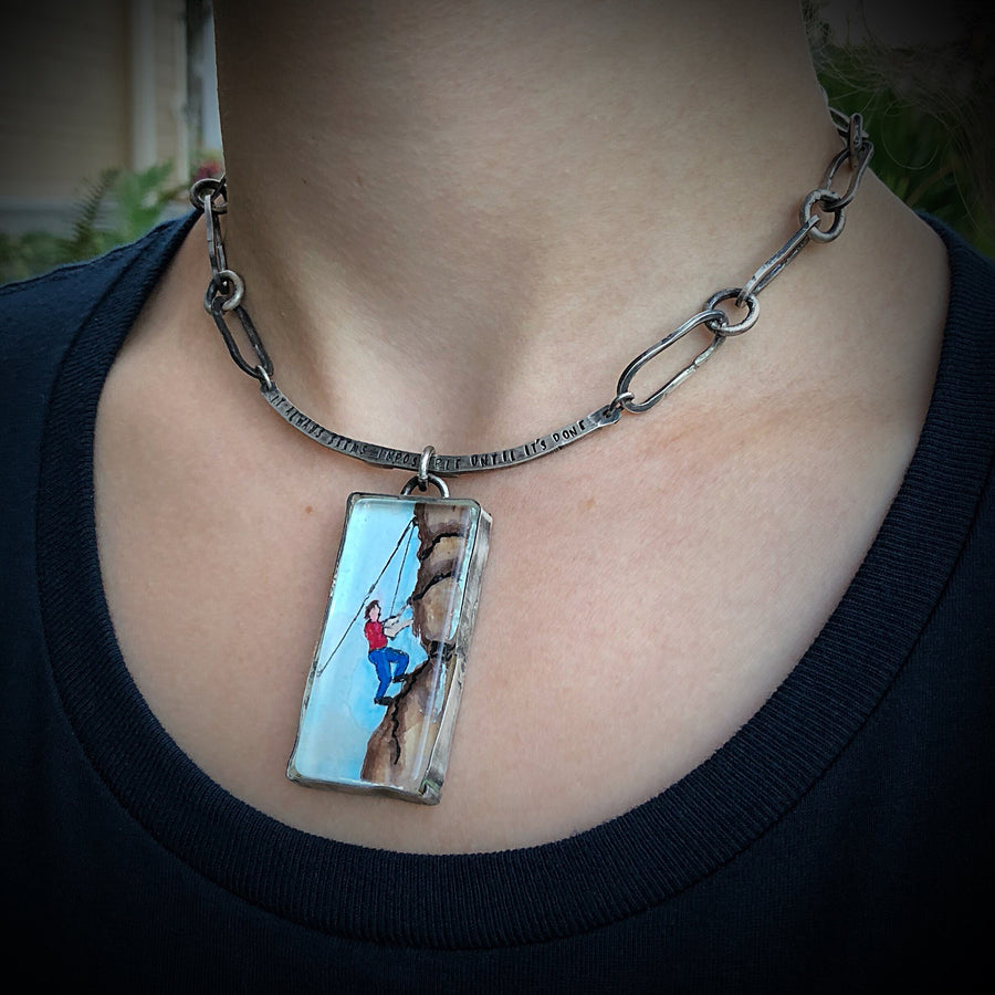 Artisan Original Tiny Painting Encased in Sterling Silver and Glass, Climber, Chunky Statement Necklace Hand Stamped and Hand Forged Pendant