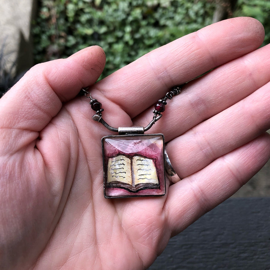 Artisan Original Tiny Painting Encased in Sterling Silver & Glass, Books, Reading, Quote, Chunky Statement Necklace, Hand Stamped, Bookworm