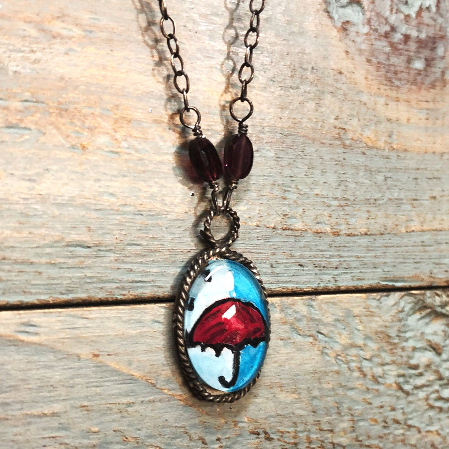 Artisan Original Tiny Painting Sterling Silver & Glass Umbrella Garnet Statement Necklace