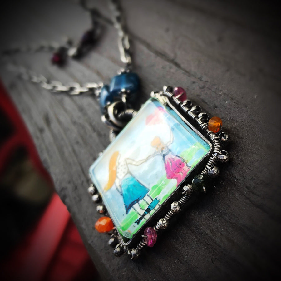 Artisan Original Tiny Painting Pendant Sterling Silver & Glass Hand Stamped Watercolor Gemstone Statement Necklace