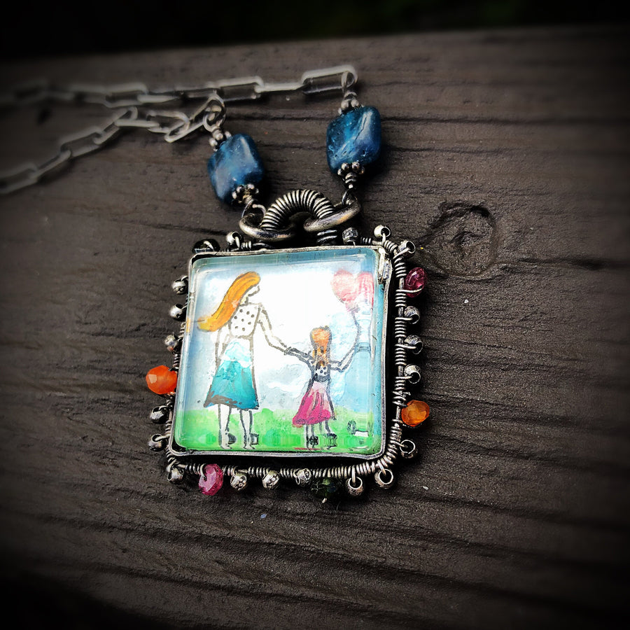 Artisan Original Tiny Painting Pendant Sterling Silver & Glass Hand Stamped Watercolor Gemstone Statement Necklace