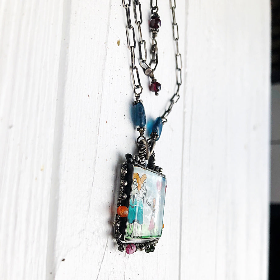 Artisan Original Tiny Painting Pendant Sterling Silver & Glass Hand Stamped Watercolor Gemstone Statement Necklace