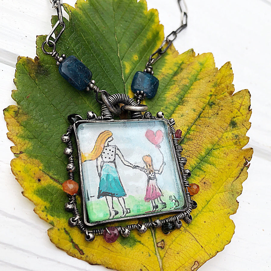 Artisan Original Tiny Painting Pendant Sterling Silver & Glass Hand Stamped Watercolor Gemstone Statement Necklace