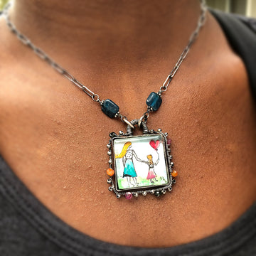 Artisan Original Tiny Painting Pendant Sterling Silver & Glass Hand Stamped Watercolor Gemstone Statement Necklace