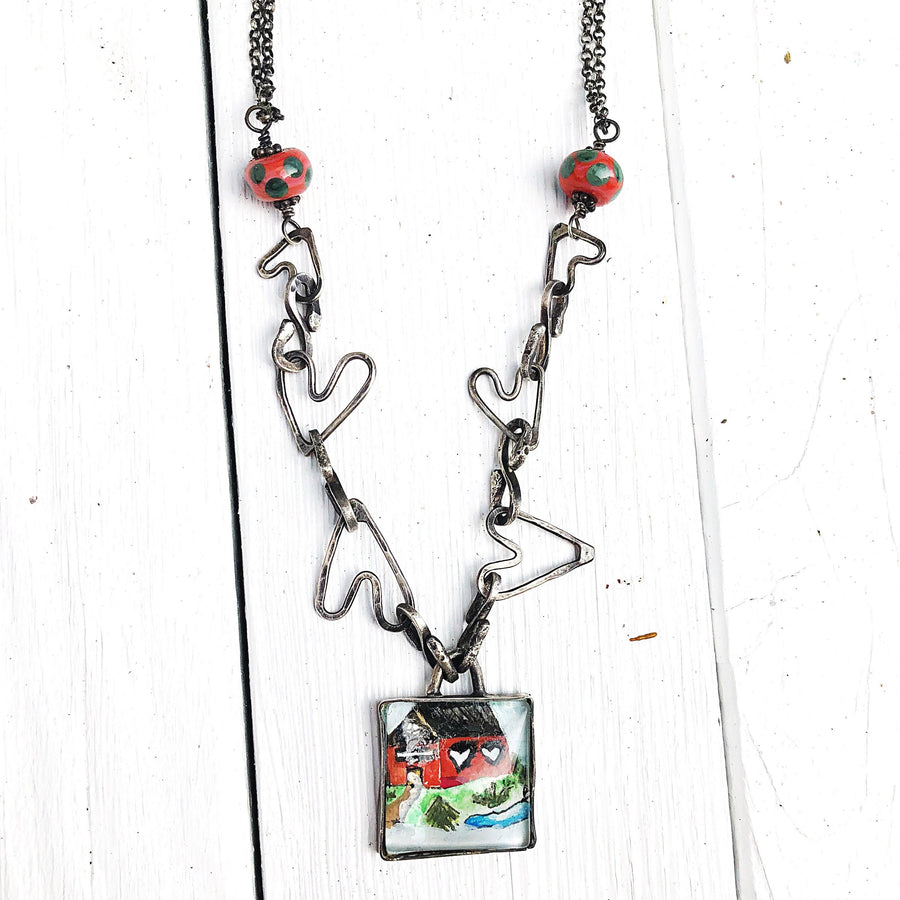 Artisan Original Tiny Watercolor Painting Sterling Silver & Glass Home Heart Statement Necklace