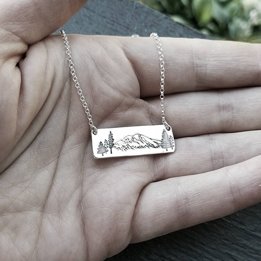 Artisan Stamped Mt Rainier Mountain Washington Scene Pendant Necklace, Inspirational, Camping Hiking, Sterling Silver,  Mount Simple Minimal