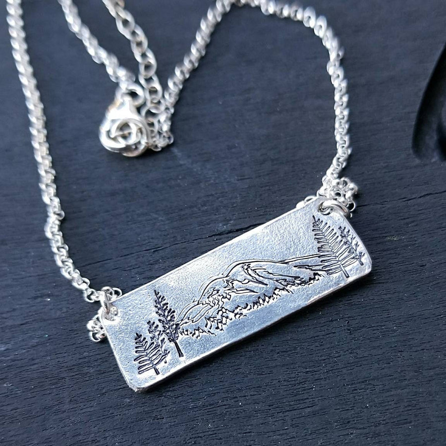 Artisan Stamped Mt Rainier Mountain Washington Scene Pendant Necklace, Inspirational, Camping Hiking, Sterling Silver,  Mount Simple Minimal