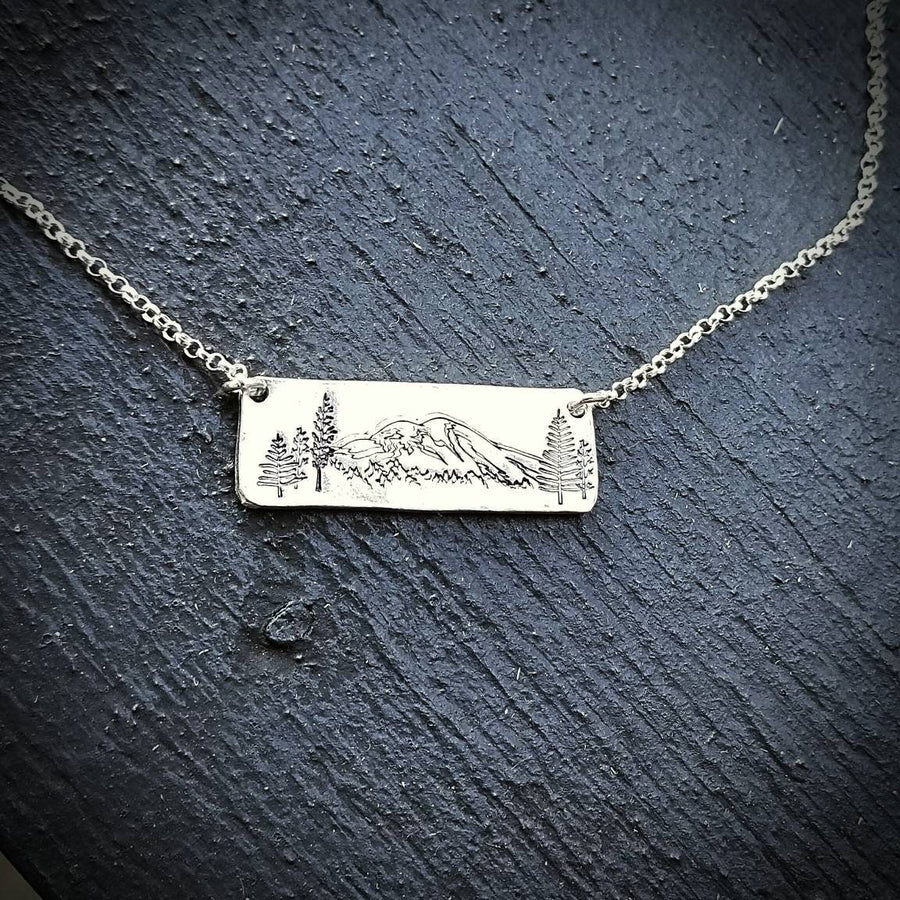 Artisan Stamped Mt Rainier Mountain Washington Scene Pendant Necklace, Inspirational, Camping Hiking, Sterling Silver,  Mount Simple Minimal