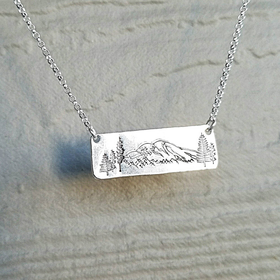 Artisan Stamped Mt Rainier Mountain Washington Scene Pendant Necklace, Inspirational, Camping Hiking, Sterling Silver,  Mount Simple Minimal