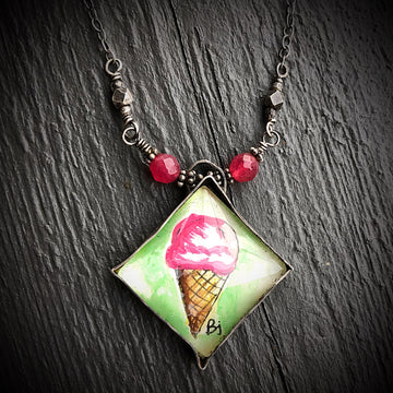 Artisan Original Tiny Watercolor Painting Sterling Silver & Glass Ice Cream Love Friendship Statement Necklace