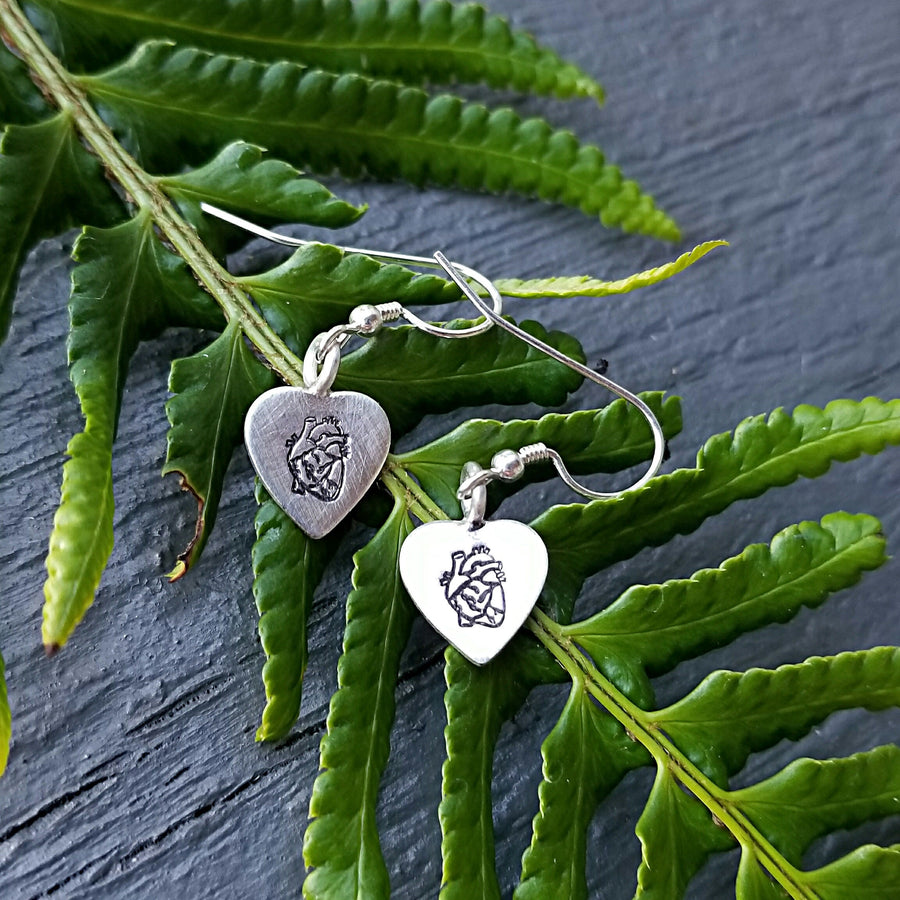 Artisan Sterling Silver Little Anatomical Heart Earrings, Stamped Earrings, Doctor Gift, Minimalist, Ear Wire, Round, Hook, Unique, Original