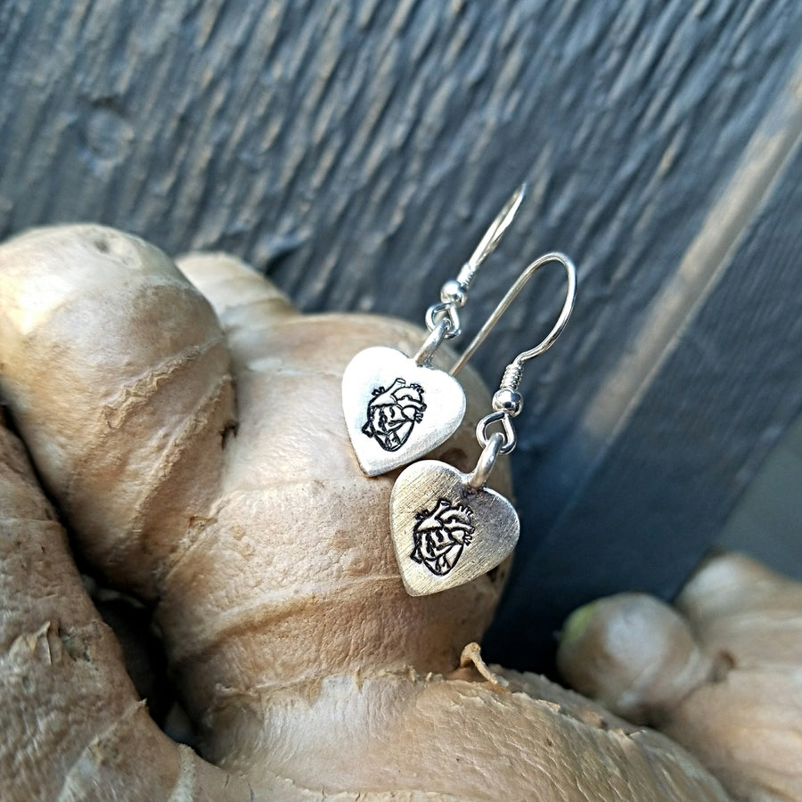 Artisan Sterling Silver Little Anatomical Heart Earrings, Stamped Earrings, Doctor Gift, Minimalist, Ear Wire, Round, Hook, Unique, Original