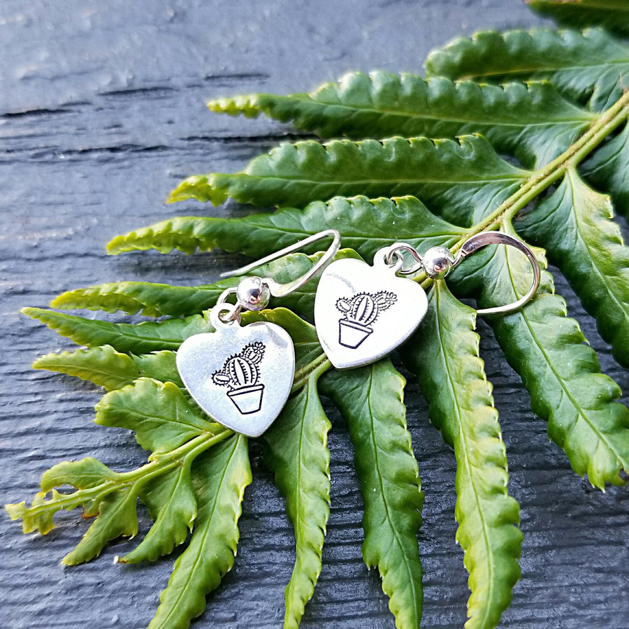 Artisan Sterling Silver Little Cactus Earrings, Stamped Earrings, Heart Shape, Minimalist, Ear Wire, Succulent, Prick, Cacti, Plant