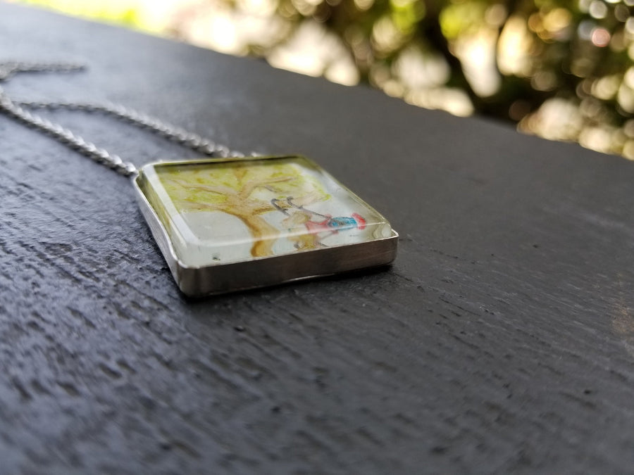 Artisan Original Tiny Painting Encased in Sterling Silver and Glass, Don't Forget to Play, Hand Stamped and Hand Forged, Necklace Pendant