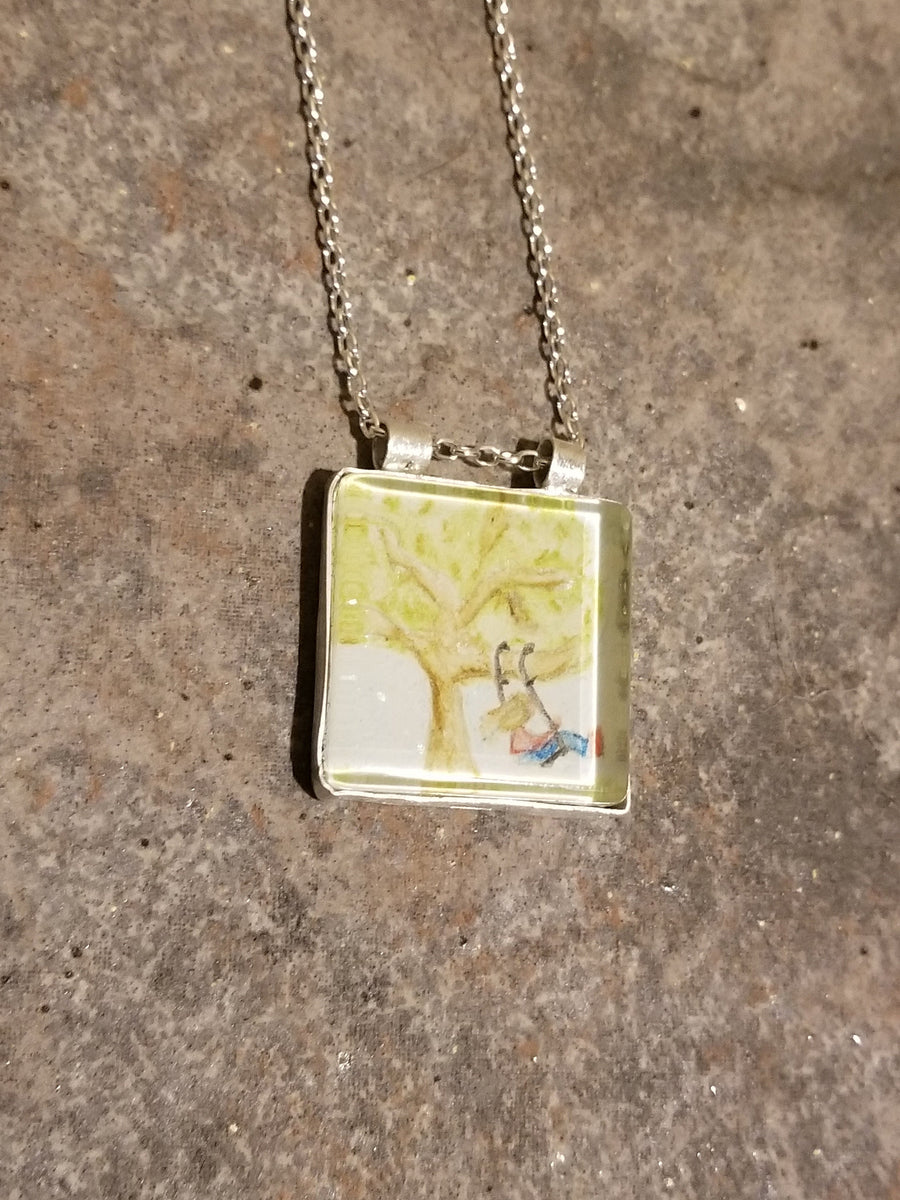 Artisan Original Tiny Painting Encased in Sterling Silver and Glass, Don't Forget to Play, Hand Stamped and Hand Forged, Necklace Pendant