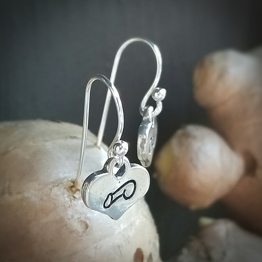 Artisan Sterling Silver Little Stamped Penis Earrings, F*ck Off Earrings, Heart Shaped Minimalist, Adult, Weiner, Cock, Balls, Humor, Funny