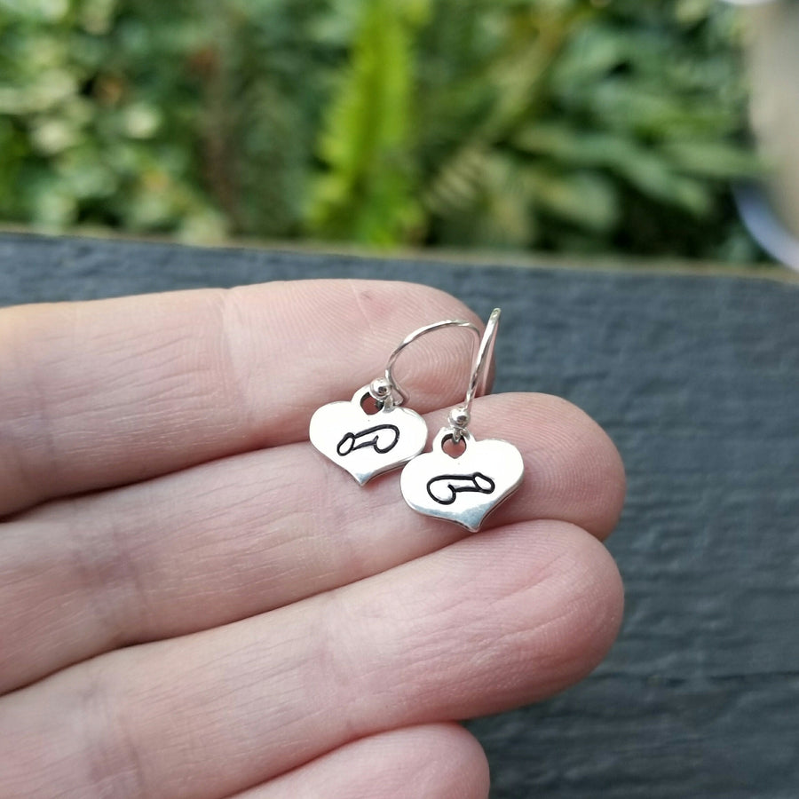 Artisan Sterling Silver Little Stamped Penis Earrings, F*ck Off Earrings, Heart Shaped Minimalist, Adult, Weiner, Cock, Balls, Humor, Funny