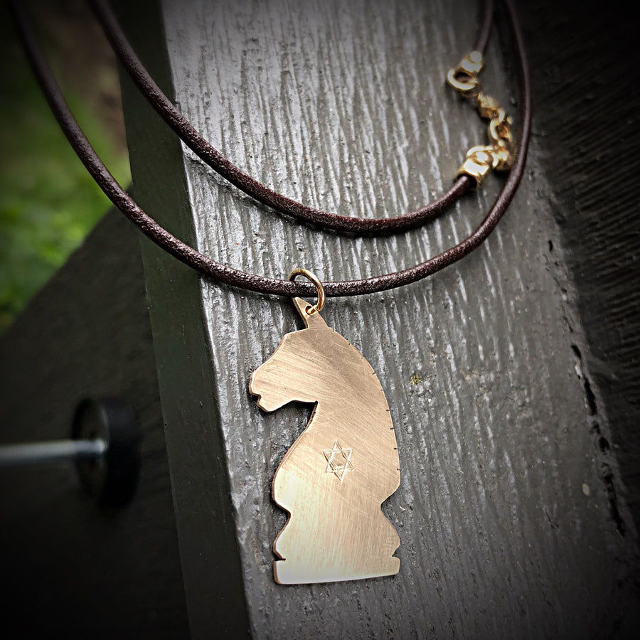 Artisan Sterling Gold Fill Knight Chess Piece Cutout Pendant Necklace, Unique, Chessmaster, Can Be Personalized, Choice of Leather or Chain