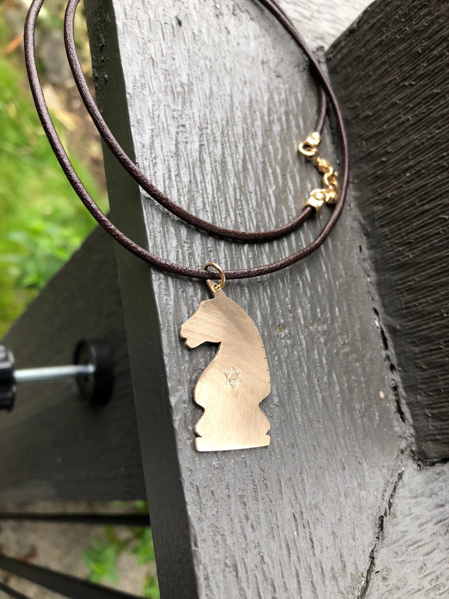 Artisan Sterling Gold Fill Knight Chess Piece Cutout Pendant Necklace, Unique, Chessmaster, Can Be Personalized, Choice of Leather or Chain