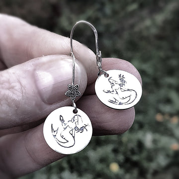 Artisan Sterling Silver Rustic Mermaid Earrings, Mermaid with Starfish Earwires, Mermaid Holding Fish, Sweet Mermaid Earrings