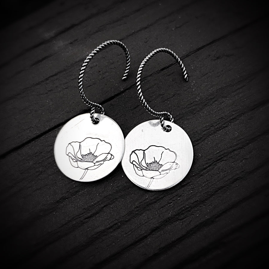 Artisan Sterling Silver Poppy Flower Earrings, Poppy Earrings, Flower Earrings, Hand Stamped Earrings, Classy and Sleek