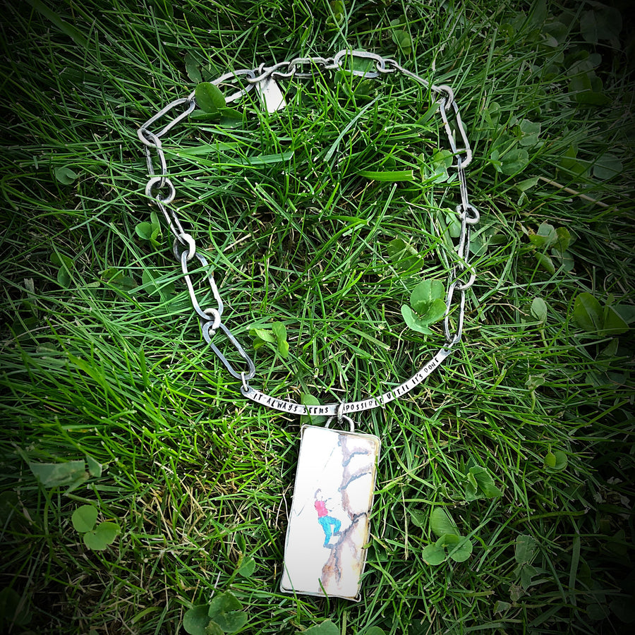 Artisan Original Tiny Painting Encased in Sterling Silver and Glass, Climber, Chunky Statement Necklace Hand Stamped and Hand Forged Pendant