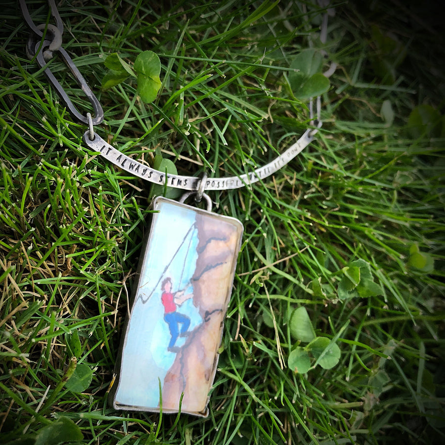 Artisan Original Tiny Painting Encased in Sterling Silver and Glass, Climber, Chunky Statement Necklace Hand Stamped and Hand Forged Pendant