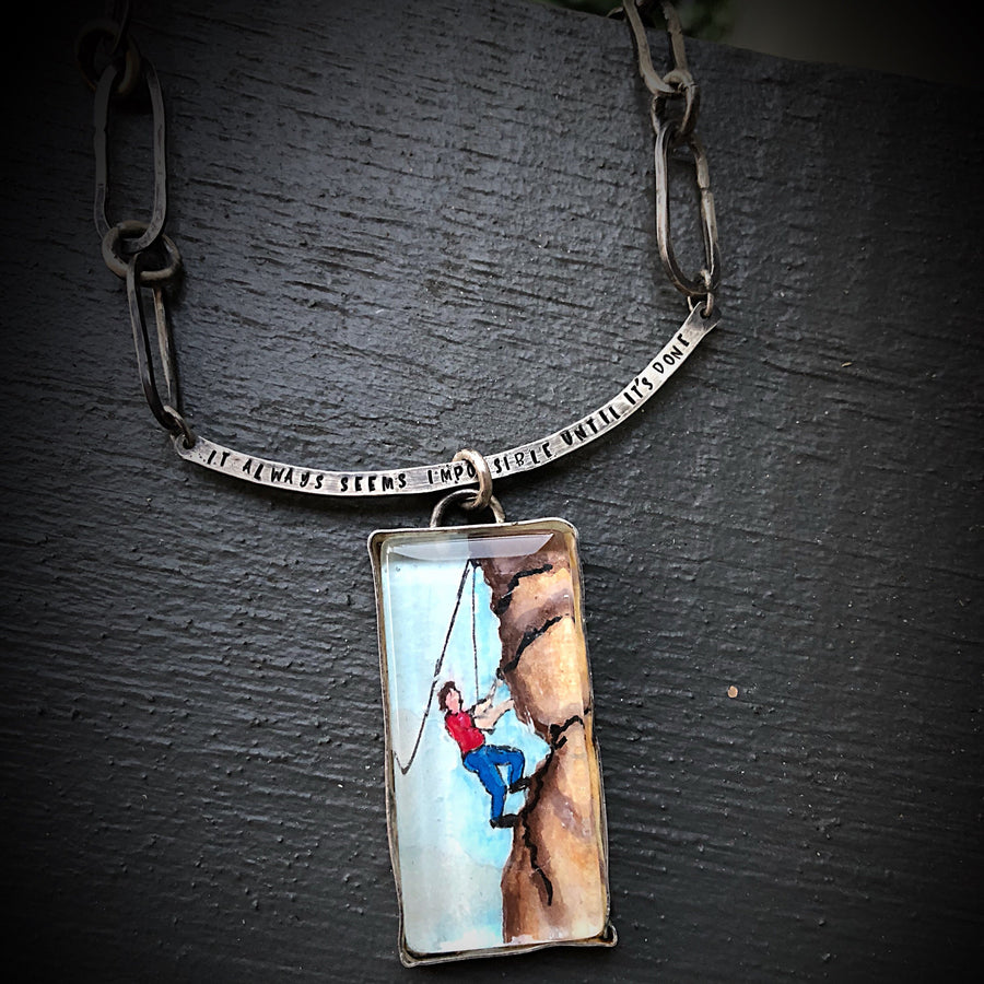 Artisan Original Tiny Painting Encased in Sterling Silver and Glass, Climber, Chunky Statement Necklace Hand Stamped and Hand Forged Pendant