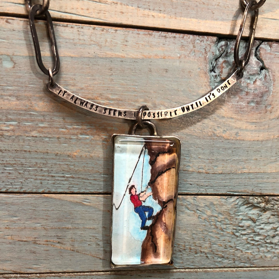 Artisan Original Tiny Painting Encased in Sterling Silver and Glass, Climber, Chunky Statement Necklace Hand Stamped and Hand Forged Pendant