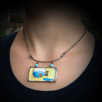 Artisan Original Tiny Painting Encased in Sterling Silver and Glass, Fish Bowl Water Chunky Statement Necklace Hand Stamped & Forged Pendant